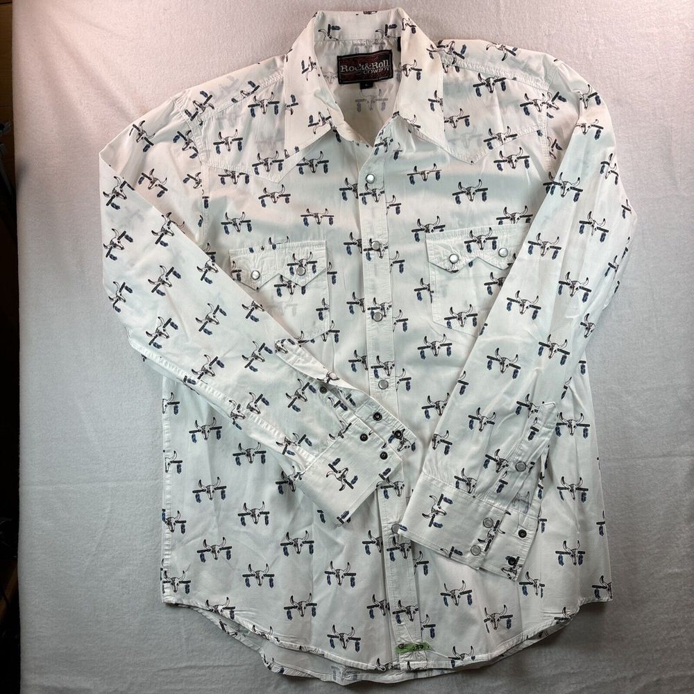 Rock Roll N Cowboy Shirt White Longhorn Skull Western Men's Size Large Snap Up